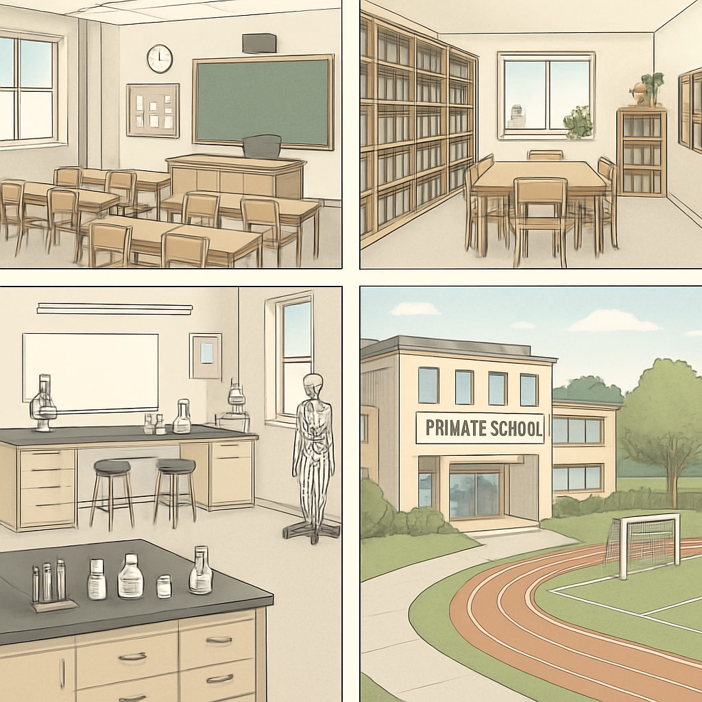 A private school campus with modern facilities, contrasting the underfunded state of public schools. Private school campus with modern facilities, highlighting disparities with public schools.