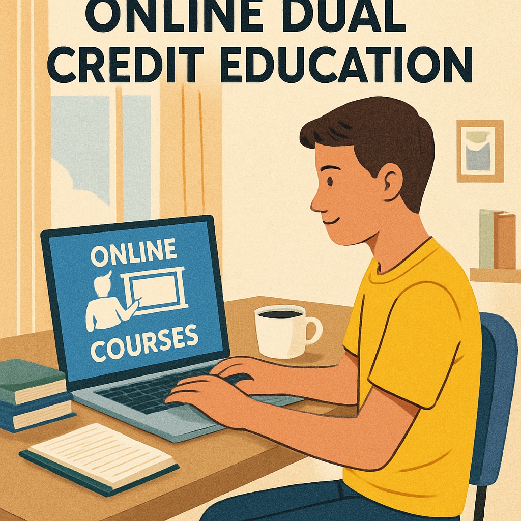 A student using a laptop at home to access online courses, representing the flexibility of online dual credit education. Student using a laptop to access Khan World School and ASU online courses.