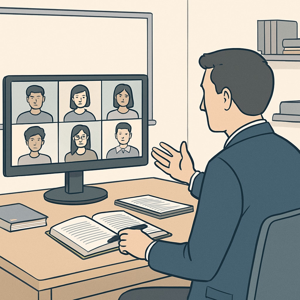 A virtual classroom setup showing an instructor leading an online discussion with students via video conferencing. Virtual classroom illustrating the interactive aspect of Khan World School and ASU’s program.