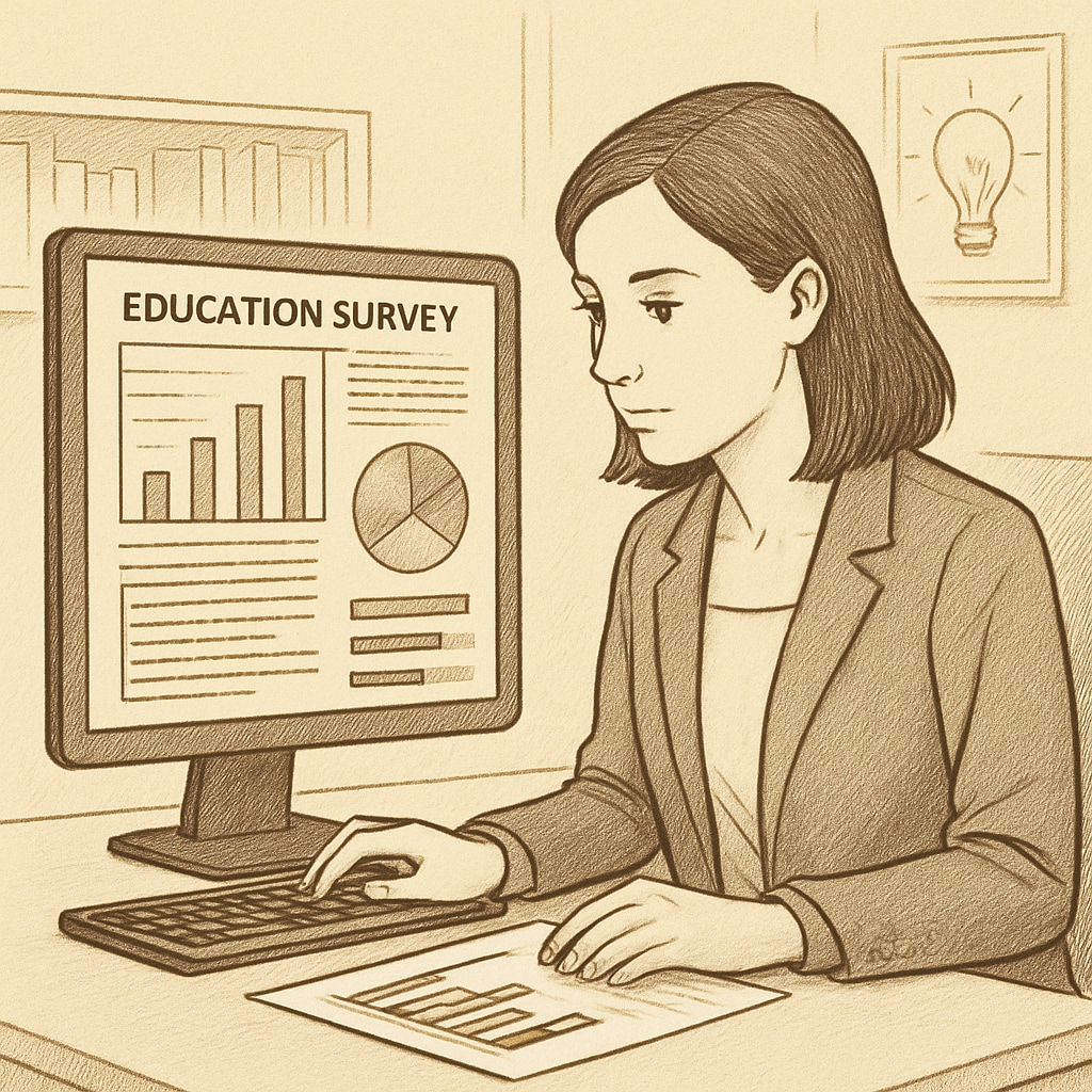 A researcher analyzing educational survey data on a computer, highlighting the importance of detailed information for improving learning methods. A researcher reviewing educational survey data on a computer.