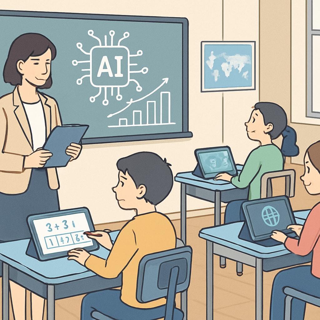 A teacher guiding students with AI learning tools, balancing innovation and academic integrity.