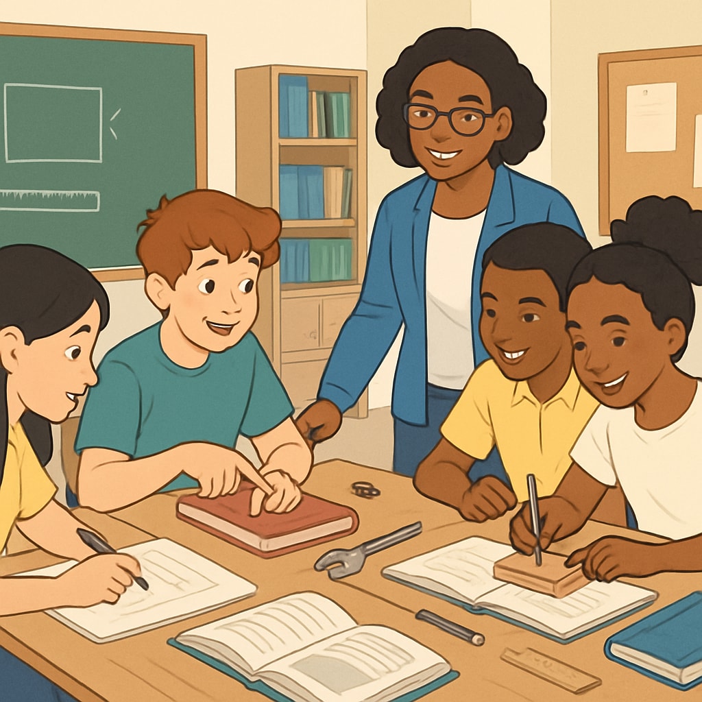 Students engaged in problem-solving activities in a classroom, illustrating a shift in educational focus.