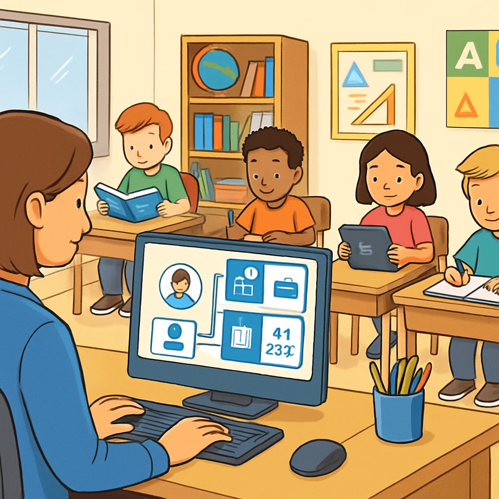 A teacher using an AI-powered tool to personalize student learning experiences in a classroom setting. Teacher utilizing AI for personalized education in classroom