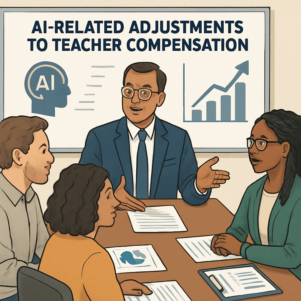 A school administrator discussing AI-related adjustments to teacher compensation with educators in a meeting room. Educators and administrators reviewing AI impacts on teacher pay