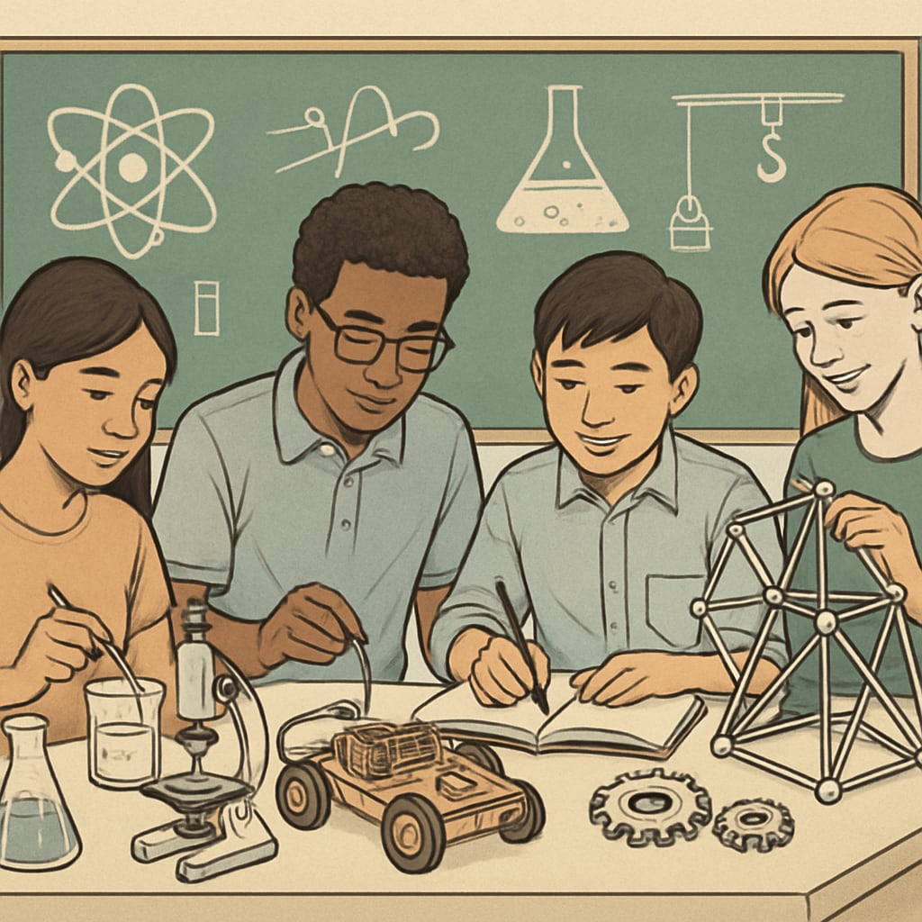 Students in a STEM workshop engaging in hands-on learning, showcasing practical education initiatives.