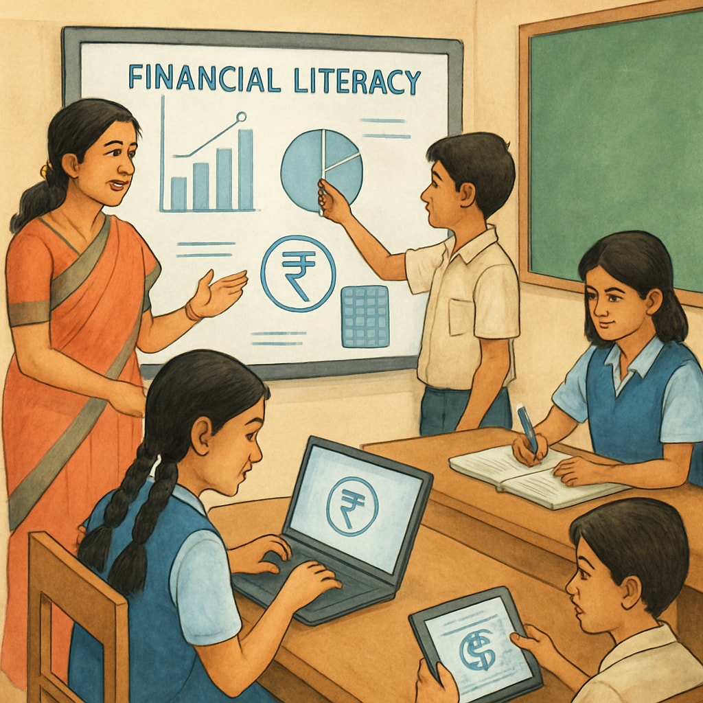 A classroom in Kerala where students are learning financial literacy through interactive tools. Kerala classroom teaching financial literacy as a foundation for CMA USA careers.