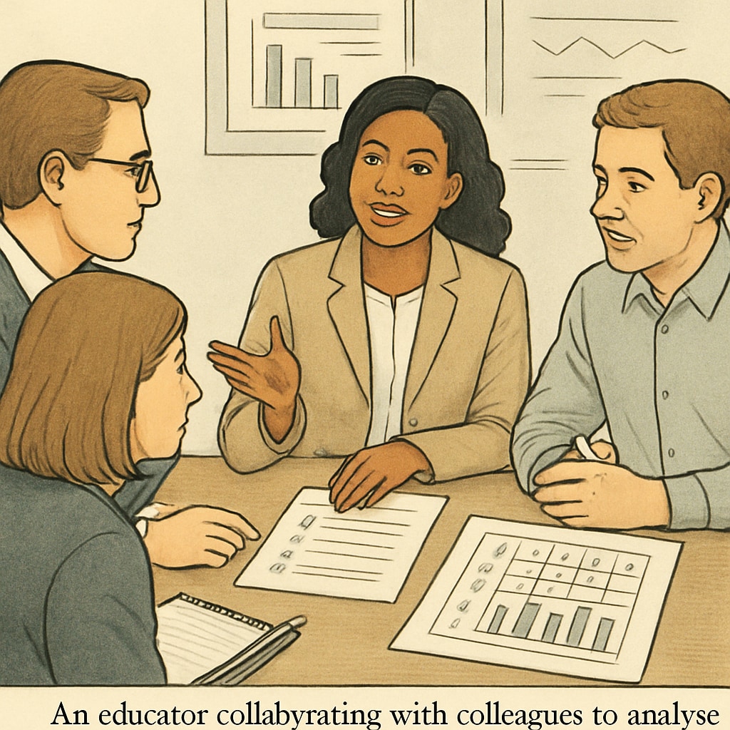 An educator analyzing survey results with colleagues, showcasing collaboration in shaping effective K12 education practices. Educators analyzing survey results for effective K12 education strategies.