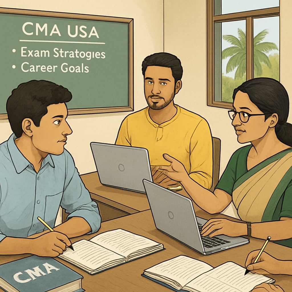 A CMA USA certification study group in Kerala, discussing exam strategies and career goals. CMA USA study group in Kerala preparing for certification exams.