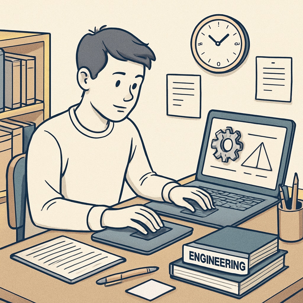 A student working on a laptop in a study environment, representing online learning in engineering. Online learning for mechanical engineering students.