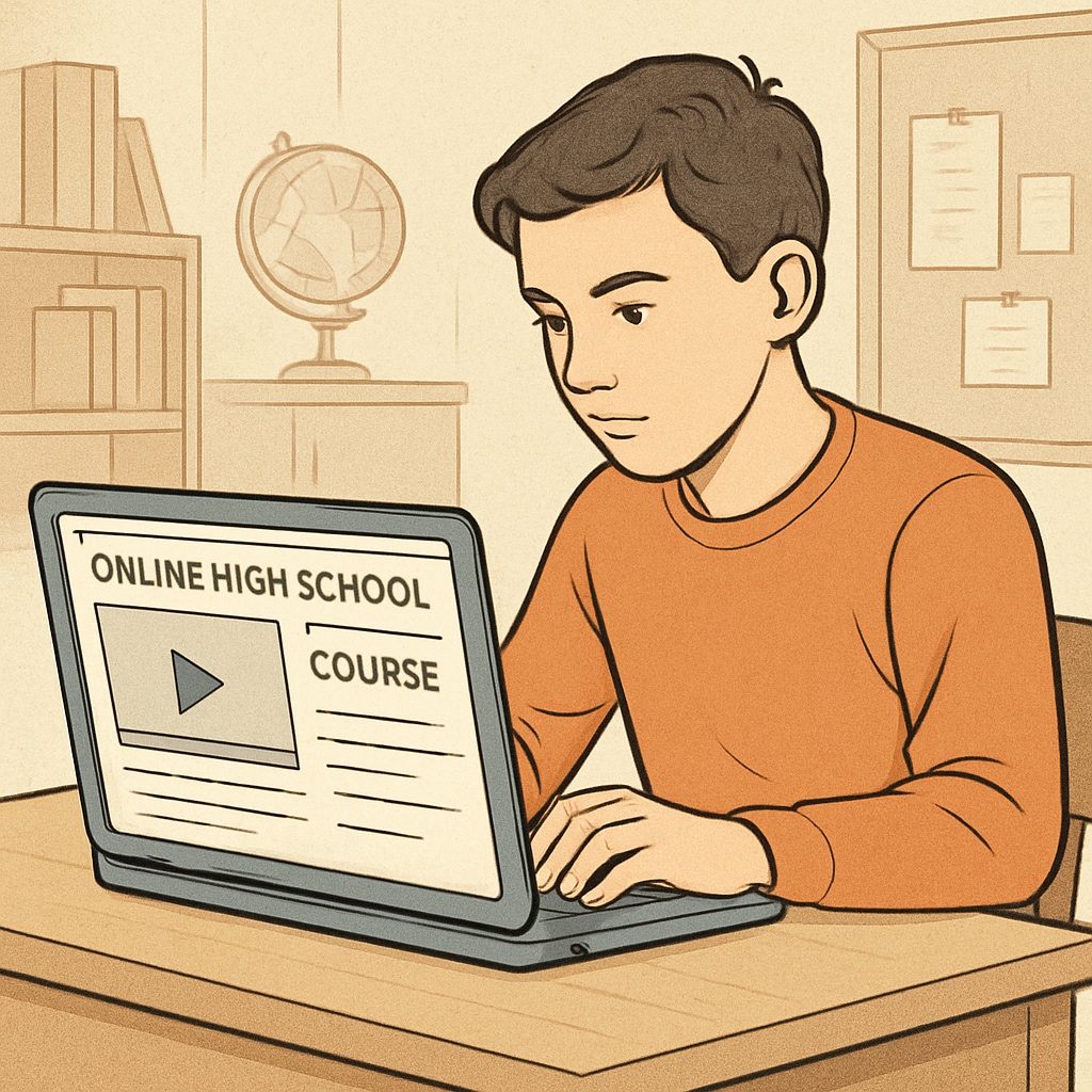 A student working on a laptop with an online high school course interface visible. Student studying through an online high school platform.