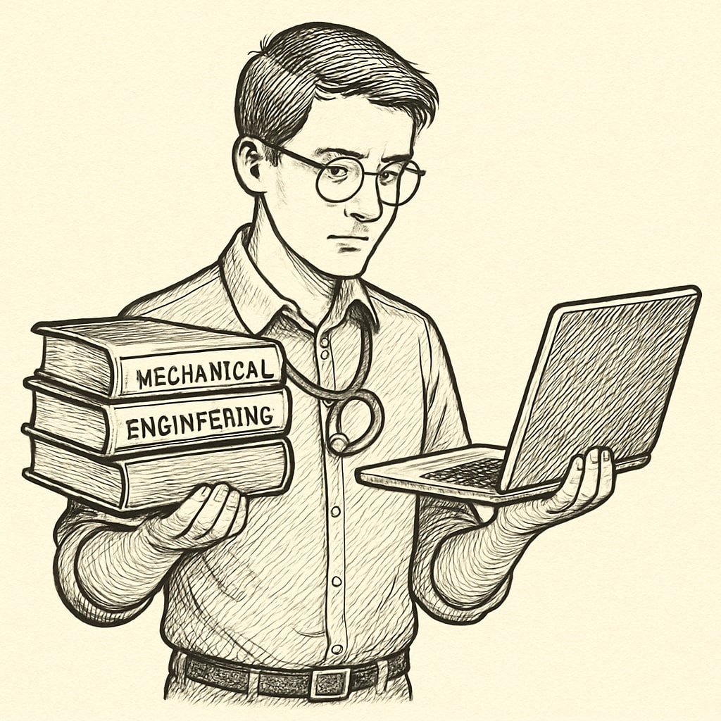 A mechanical engineering student juggling books and a laptop, symbolizing academic balance. Time management for mechanical engineering students.