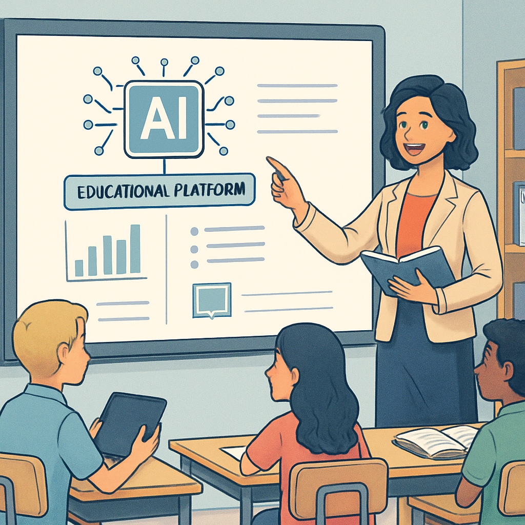 A teacher using an AI-powered educational platform on a digital whiteboard in a modern classroom, demonstrating the integration of technology and teaching. AI education applications in a modern classroom environment.