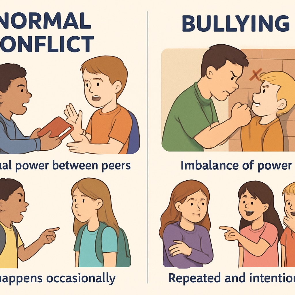 A graphic illustration showing the difference between normal conflict and bullying, with examples of each. Illustration comparing normal conflict and bullying in the context of school education.