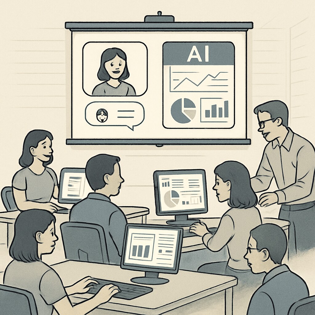 A professional development workshop where teachers are learning to use AI tools like virtual tutors and data analytics dashboards, illustrating the need for upskilling in the profession. Teachers training to use AI tools for education.