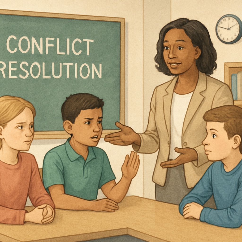 A teacher mediating a discussion between students in a classroom setting, showcasing conflict resolution. Teacher facilitating a conflict resolution discussion among students to address bullying.