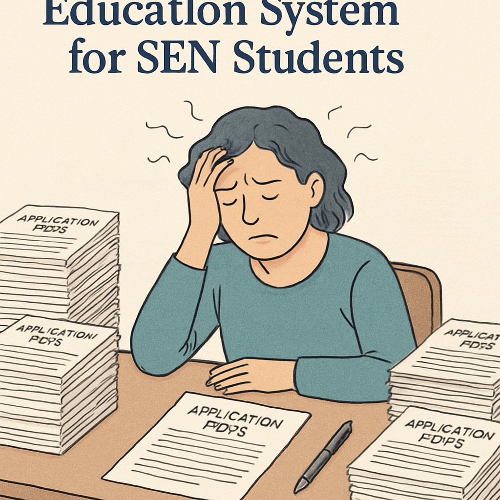 A frustrated parent sitting at a desk surrounded by school application forms, symbolizing the challenges of navigating the system for SEN students. Parent dealing with school application challenges for SEN students.