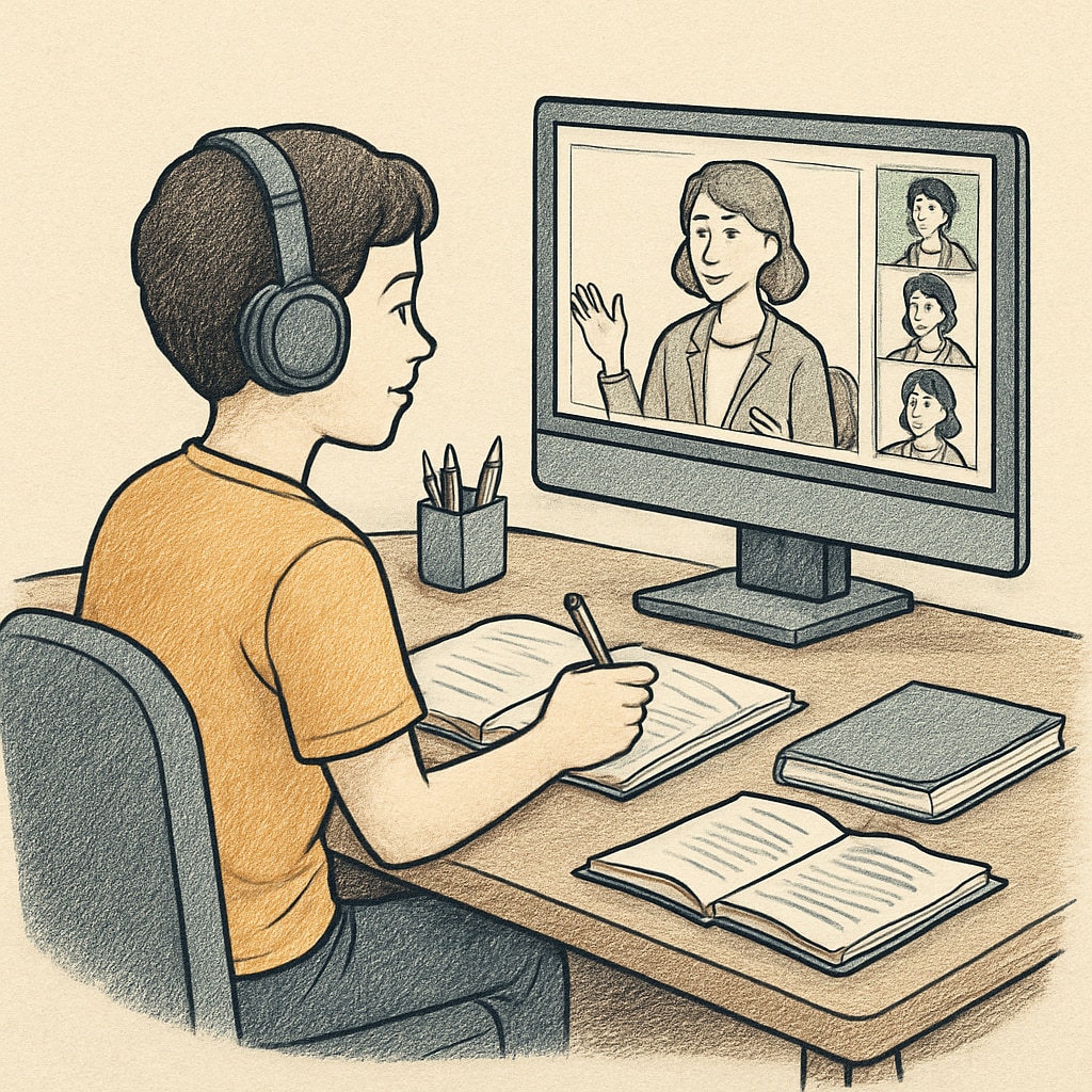 A student engaged in an online lesson at home, showcasing the flexibility and personalization of public online schooling. A student participating in a personalized online lesson at home.
