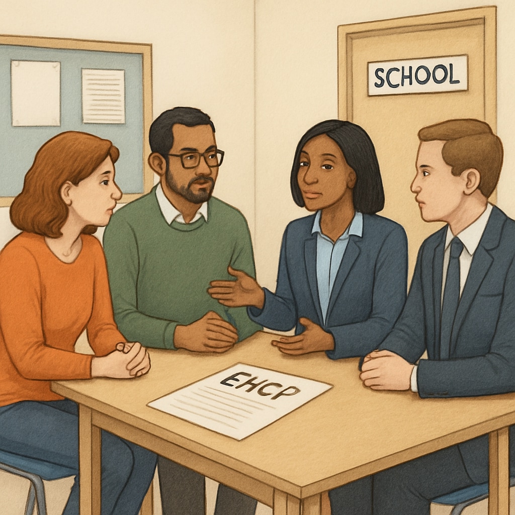 A meeting between parents and education officials discussing an EHCP, a document critical for SEN students. Parent and officials discussing an EHCP for a SEN student.