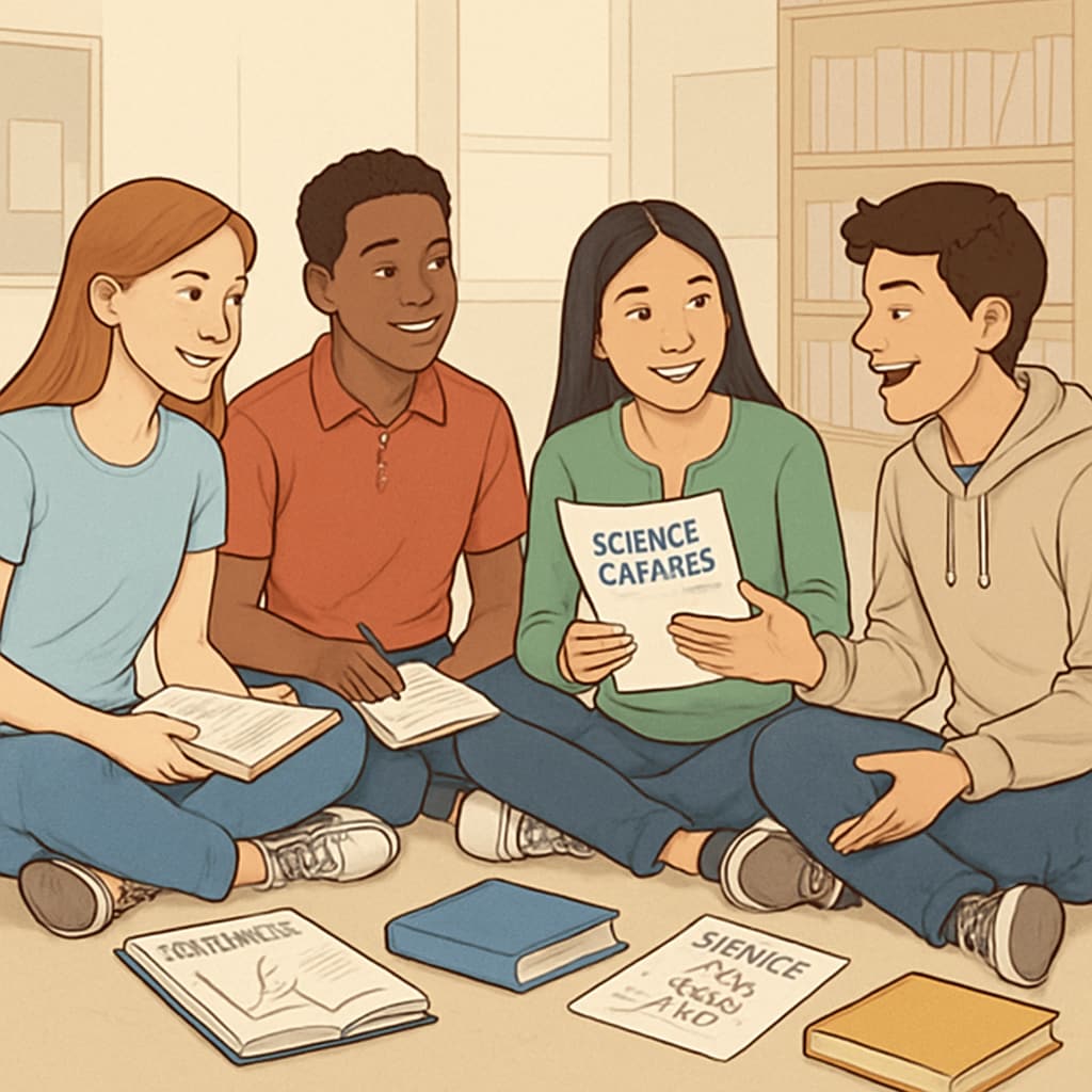 A group of diverse high school students discussing career options related to math and science in an informal setting. High school students discussing math and science career paths