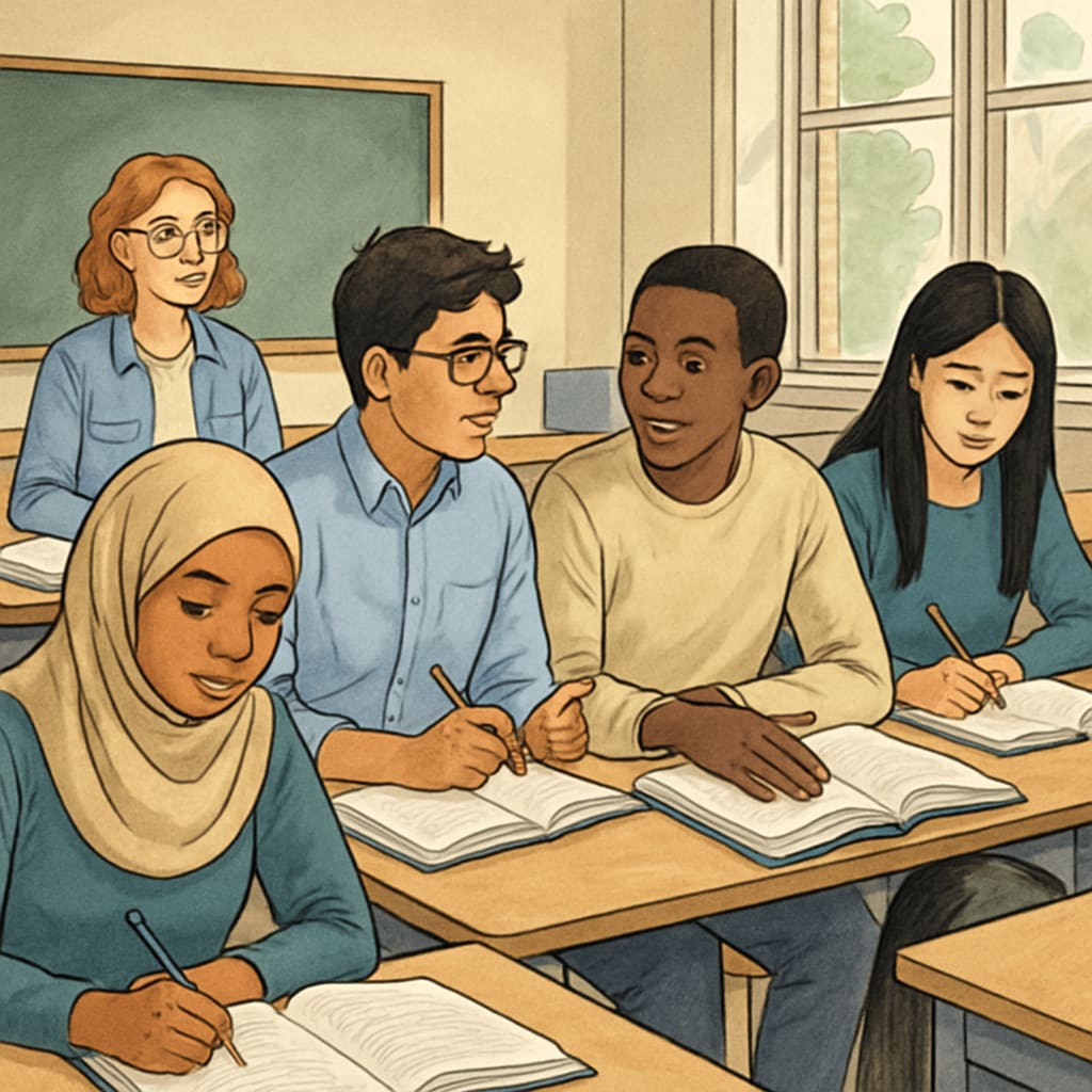 A diverse group of students studying at an elite university, symbolizing inclusivity and economic barriers faced by immigrant students. Diverse group of students at an elite university discussing economic barriers for immigrant students.