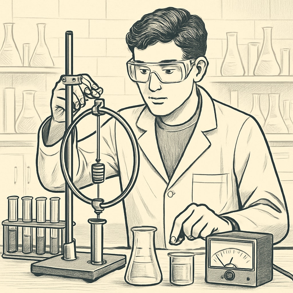A college student conducting a physics experiment in a laboratory setting, showcasing hands-on learning. College student performing a physics experiment in a lab
