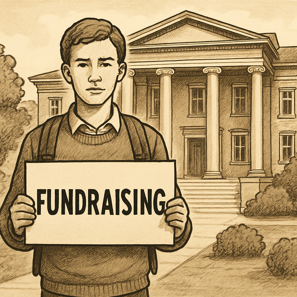 A student holding a fundraising sign, representing the struggle to finance education at elite institutions. Immigrant student fundraising for tuition at Oxford University.