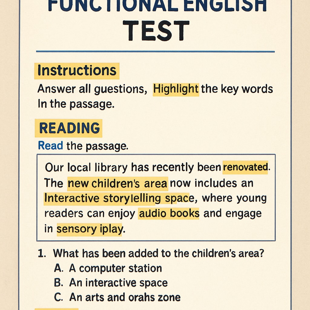 A close-up of a Functional English test paper with highlighted keywords to distinguish text purposes. Functional English test paper with keywords for text purpose analysis.