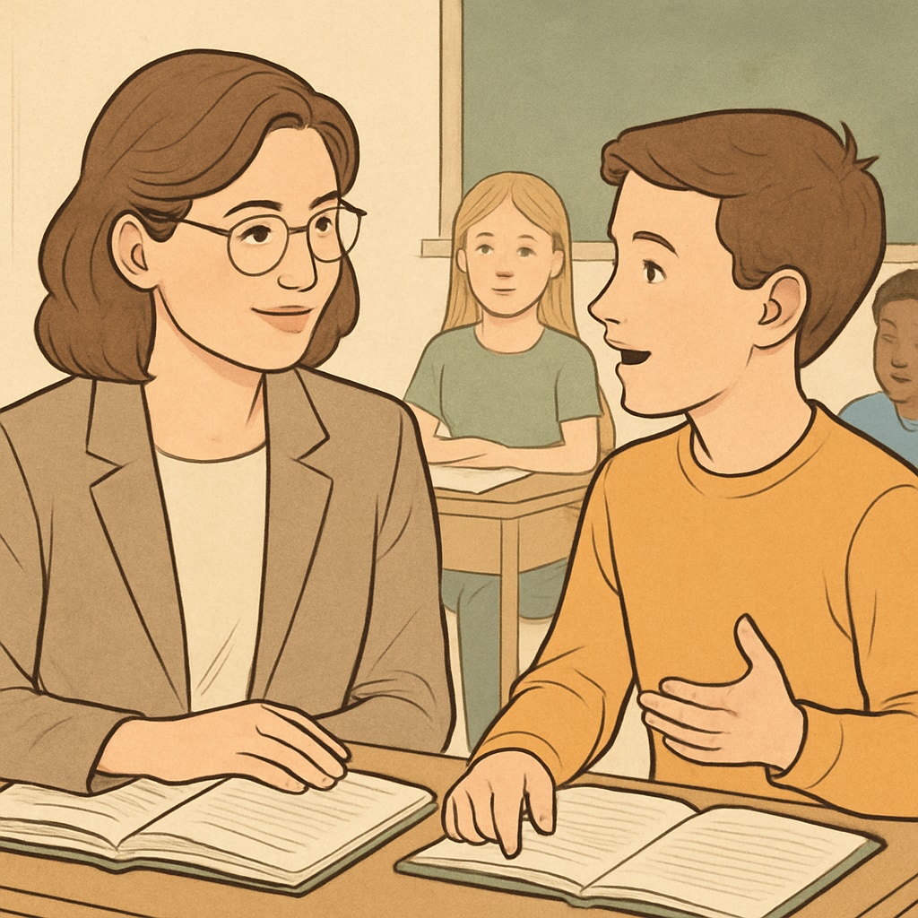 A teacher attentively listening to a student during a classroom discussion, symbolizing respect and connection. A teacher listening to a student, highlighting teacher-student connection and respect.