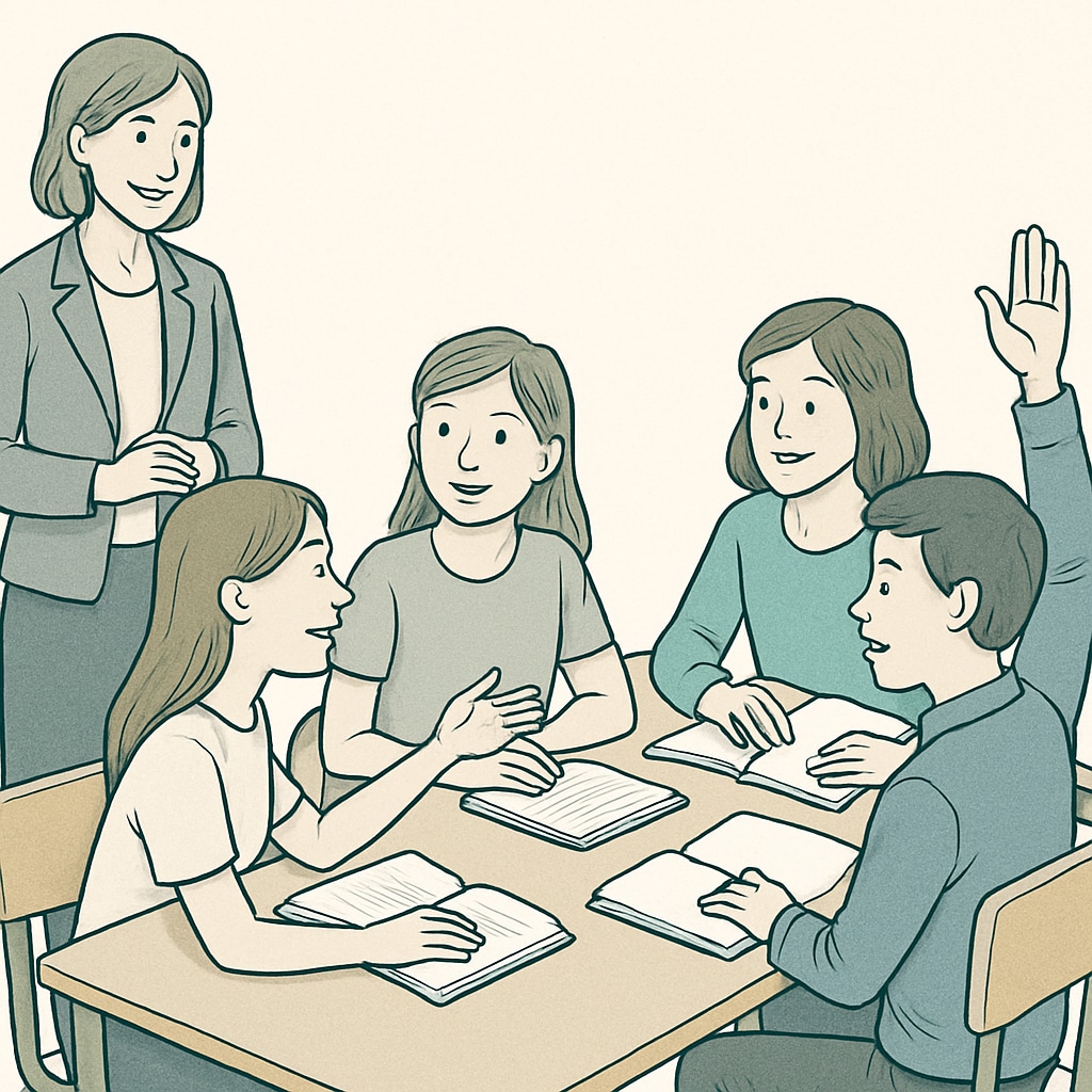 A group of students actively participating in a discussion, with a teacher attentively listening and encouraging their input. A teacher and students in an interactive discussion, showcasing the importance of student perspectives.