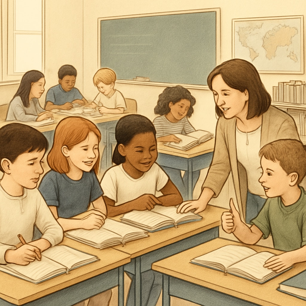A classroom with students engaged in learning without phones, emphasizing focus and interaction between peers and teachers. Students in a classroom actively learning, with no phones visible, highlighting focus and collaboration.