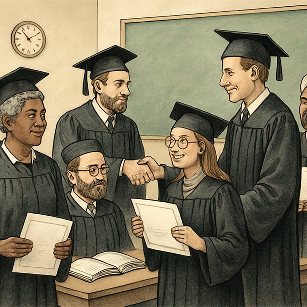 A graduation ceremony or classroom setting featuring nontraditional students achieving advanced degrees, symbolizing diverse educational pathways. Graduation ceremony with nontraditional students achieving degrees, highlighting education alternatives.