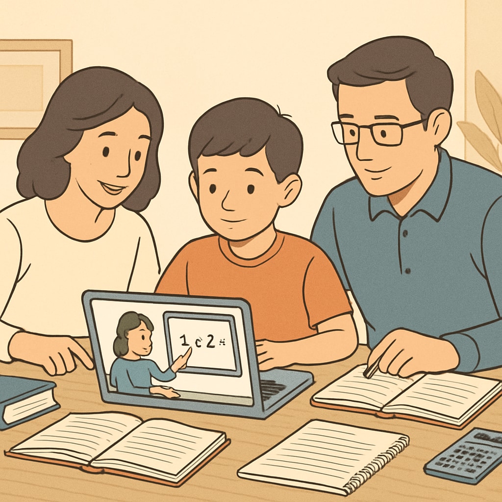A family working together at a dining table, with a child attending an online class. A family supporting a child in an online public school setting at home.