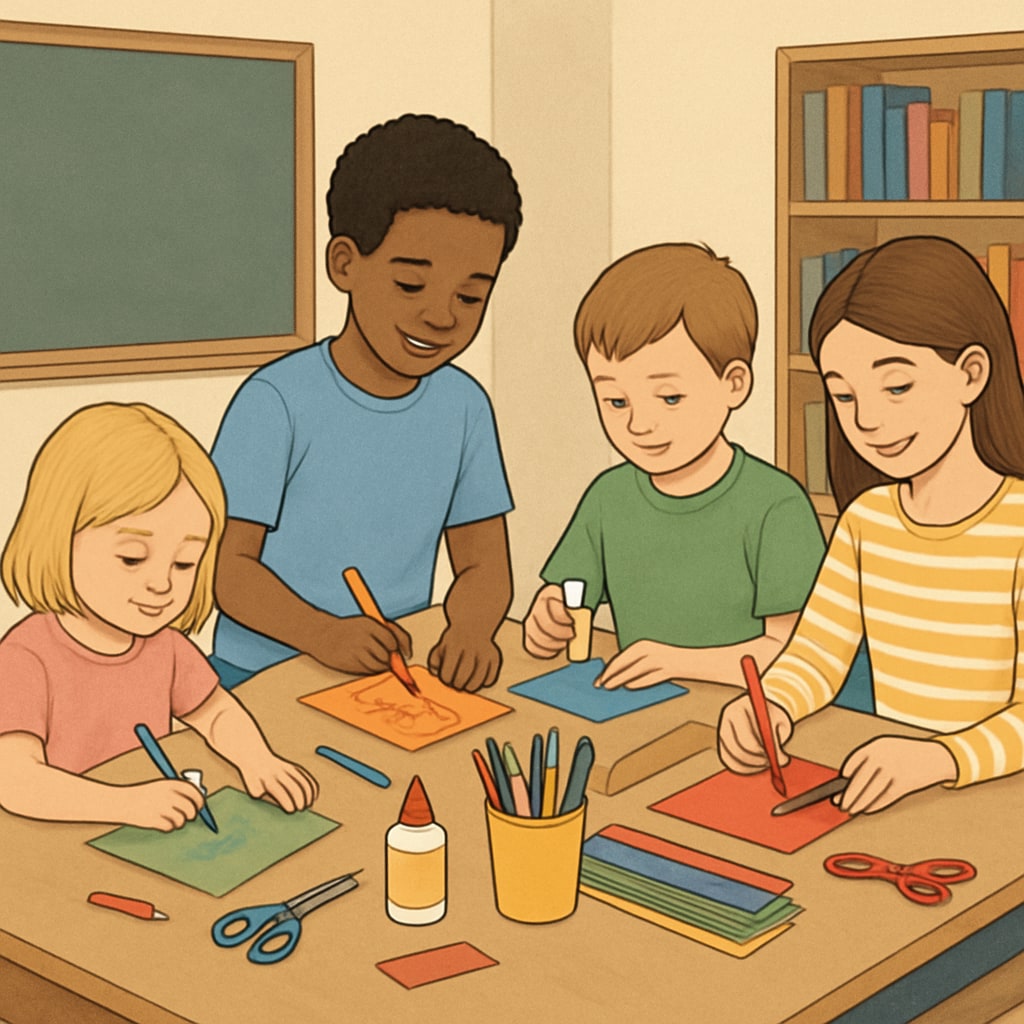A group of kindergarten and fourth-grade students working together on an art project. They are sitting at a table, surrounded by colorful supplies such as markers and paper. Kindergarten and fourth-grade students collaborating on an art project for creative education activities.