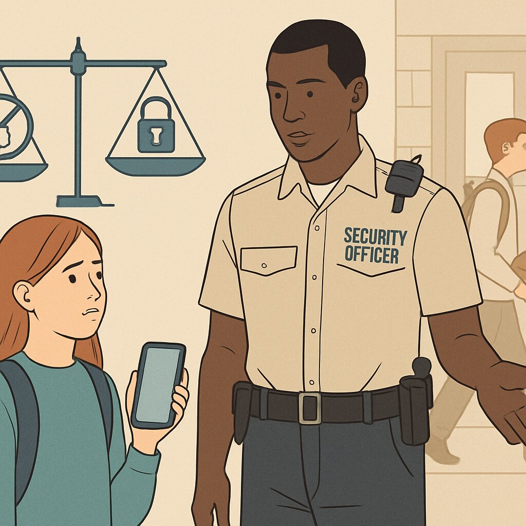 A school security officer ensuring student safety while balancing privacy concerns, representing the challenges of phone bans. School security officer monitoring students, balancing phone ban policies with privacy considerations.