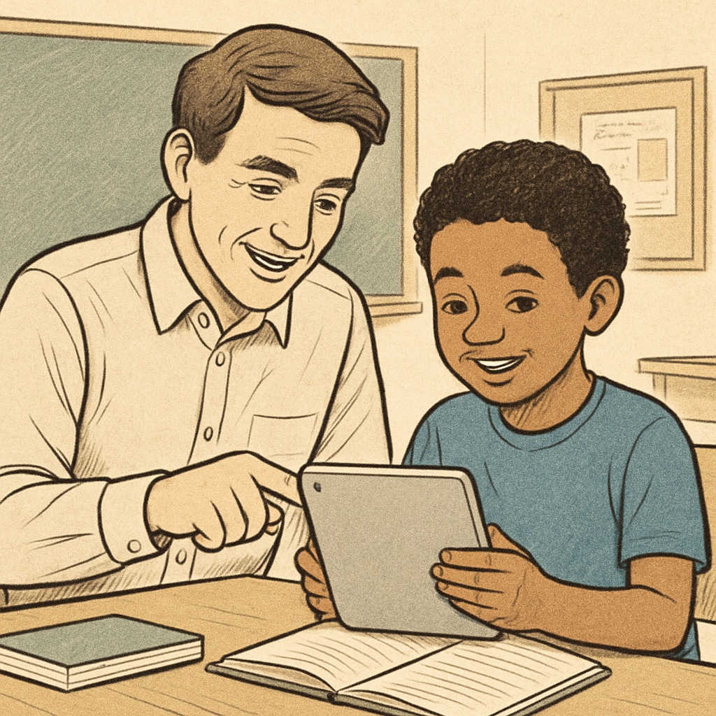 An older student teaching a younger student to use a tablet during a classroom activity. Both are smiling and engaged in the process. Fourth-grade student mentoring a kindergarten student in using a tablet for collaborative learning.