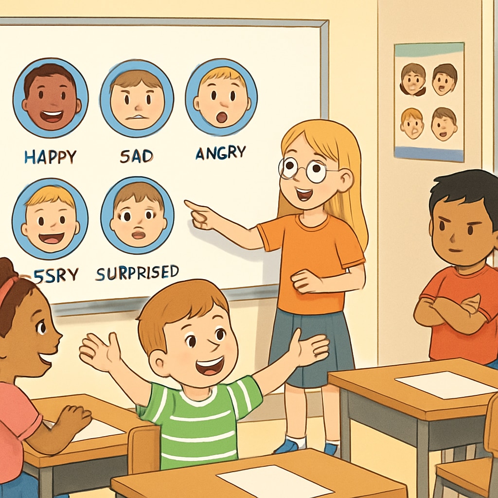 A group of children in a classroom learning about emotions through interactive activities. Children learning emotional education in a classroom setting.