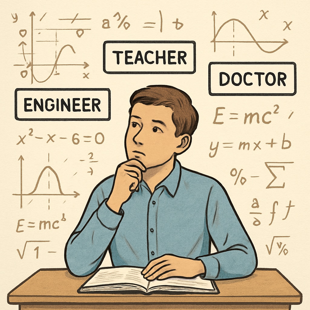 A high school student reviewing career options with mathematical concepts in the background. High school student exploring math-related career paths for college applications.