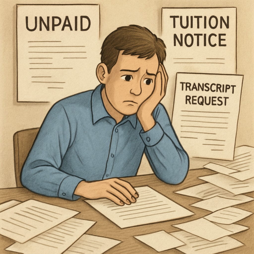 A student looking worriedly at unpaid tuition notices and transcript request forms, symbolizing financial struggles in education. Unpaid tuition struggles affecting transcript access for PRC exam applications.