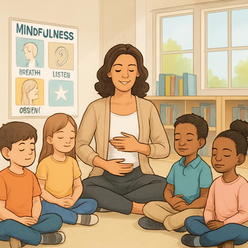 A smiling teacher guiding students through a mindfulness exercise in a school setting. Teacher leading children in a mindfulness activity for emotional education.