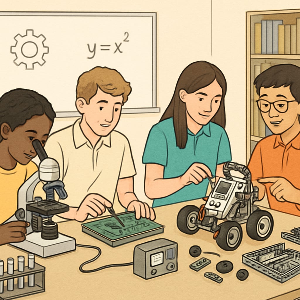 A group of students engaging in a hands-on STEM workshop, representing career exploration. Students participating in STEM activities to explore math and science careers.