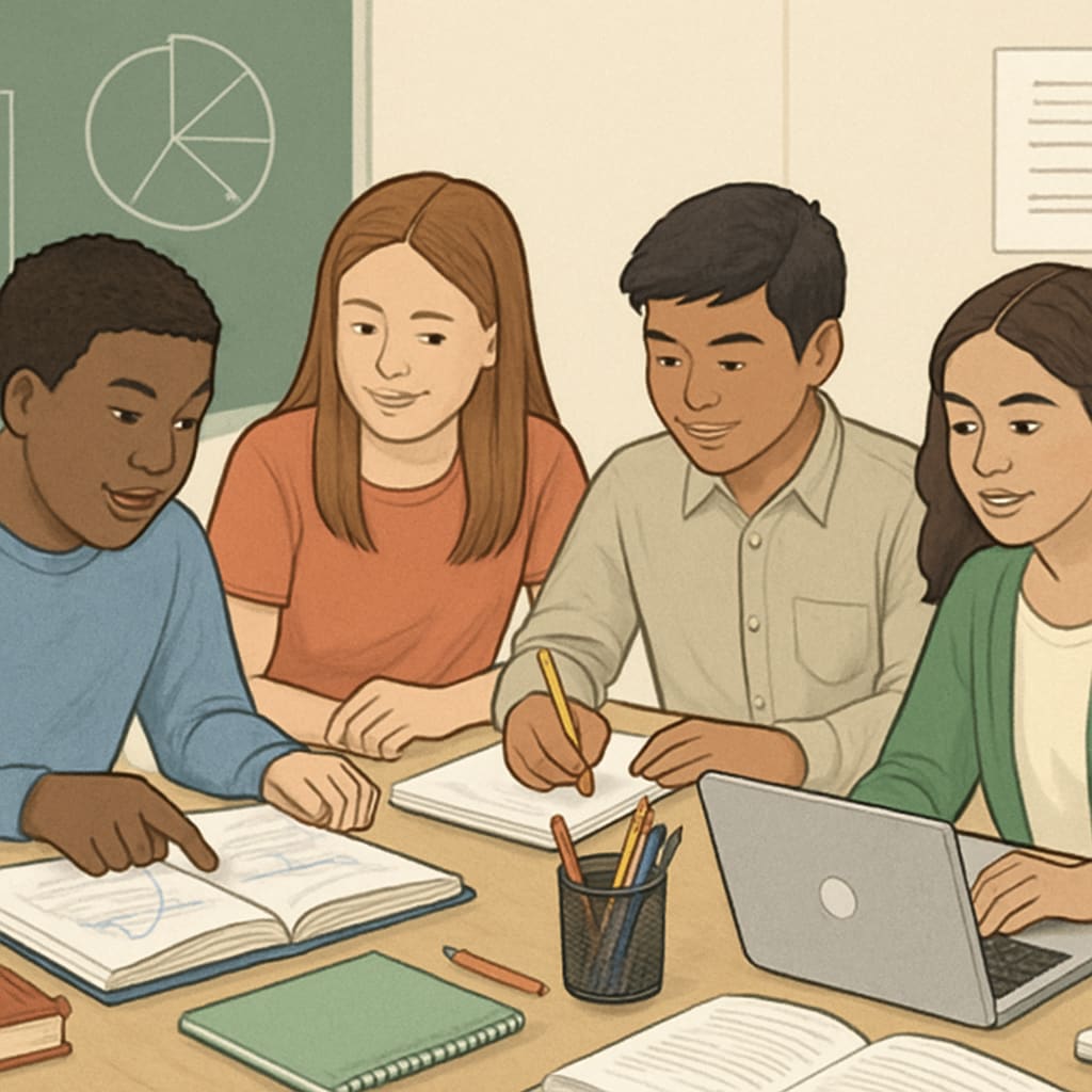 A diverse group of students collaborating in a classroom, showcasing effective learning methods in action. Students working together in a classroom, demonstrating K12 learning methods.