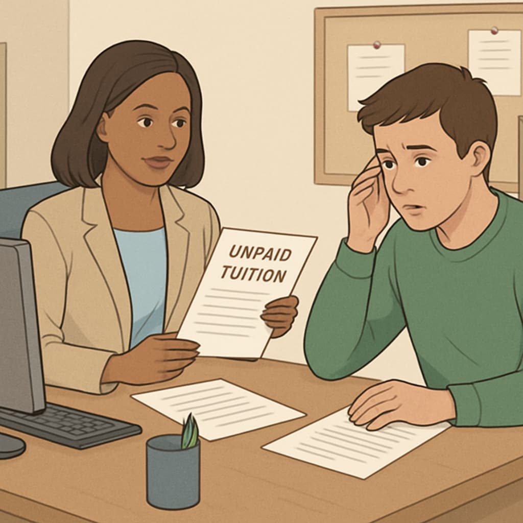 An illustration of a financial aid counselor helping a student resolve unpaid tuition issues. Financial aid counselor assisting a student with tuition and transcript challenges.