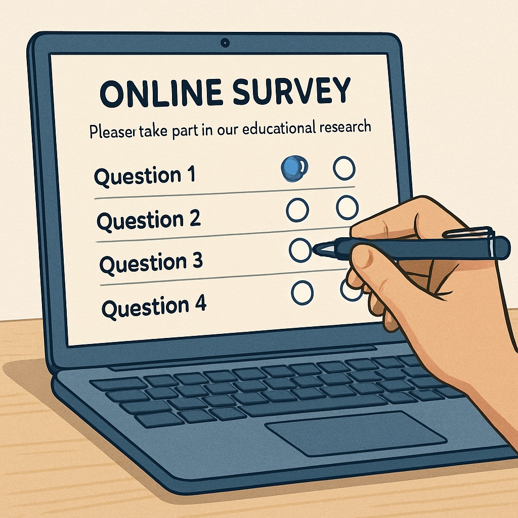An online survey form being filled out, symbolizing active participation in educational research. A person completing a survey, contributing to K12 learning methods research.