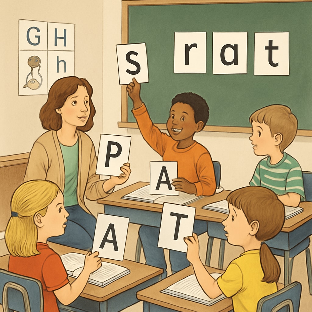 A classroom with children learning phonics using letter cards, illustrating the phonics approach in action. Classroom setting showing children learning phonics through letter cards, related to reading instruction methods.