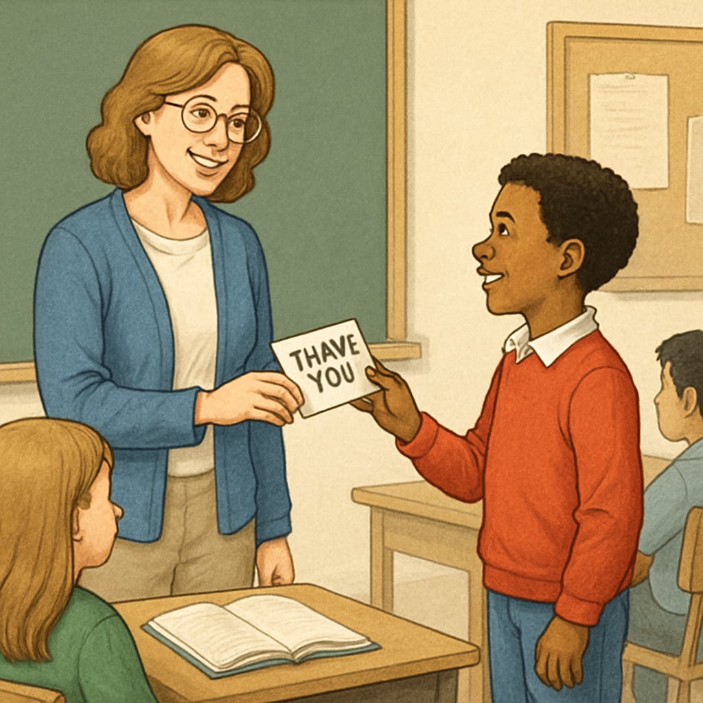 A teacher receiving a thank-you note from a student in a classroom setting. The image depicts genuine interaction between teacher and student. Teacher receiving a thank-you note from a student, emotional connection in classrooms.