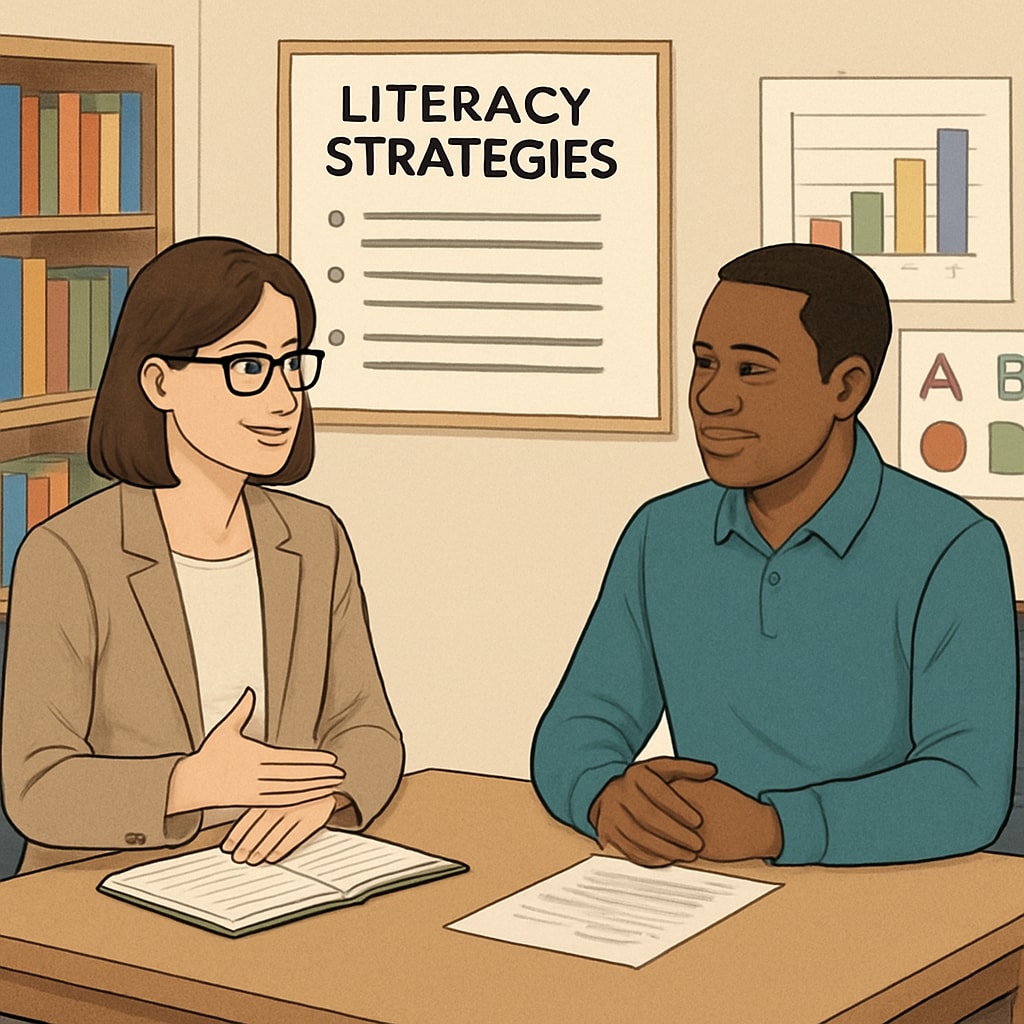 A parent-teacher conference discussing literacy strategies, emphasizing collaboration between families and schools. Parent-teacher conference focused on literacy strategies and fostering collaboration for reading instruction.