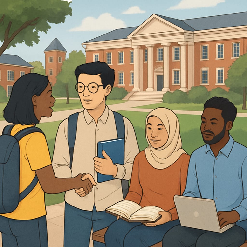 A photo depicting a diverse group of students on a university campus, emphasizing inclusivity and community. Students on a university campus, symbolizing inclusivity and diversity.