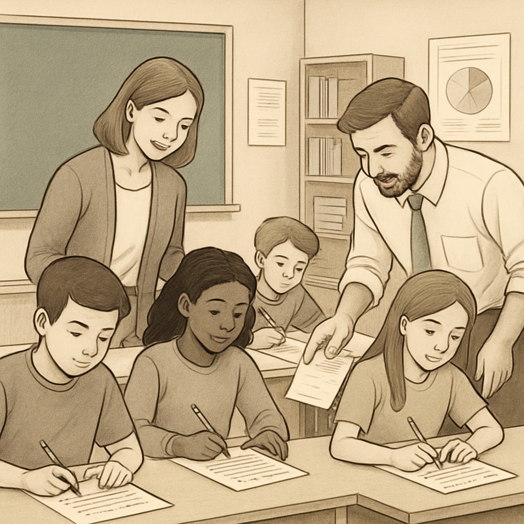 Students filling out a survey in a classroom, with teachers assisting them in understanding the questions. Students completing surveys on study methods in a classroom.