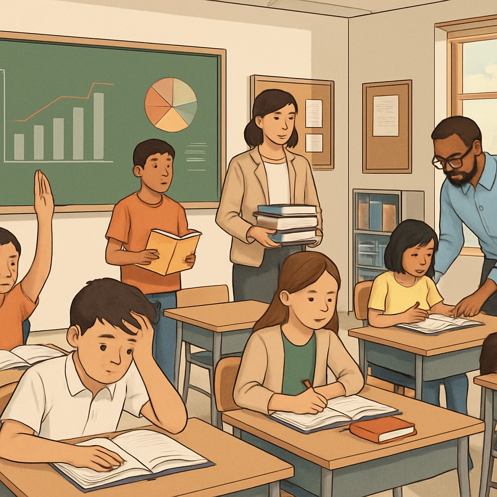 An image depicting a public school classroom with students and teachers, representing the challenges of resource allocation. Public school classroom highlighting resource allocation challenges.