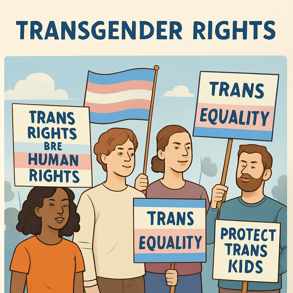 An image of a protest or rally advocating for transgender rights, with signs promoting gender inclusivity. Protest advocating for transgender rights and gender inclusivity.